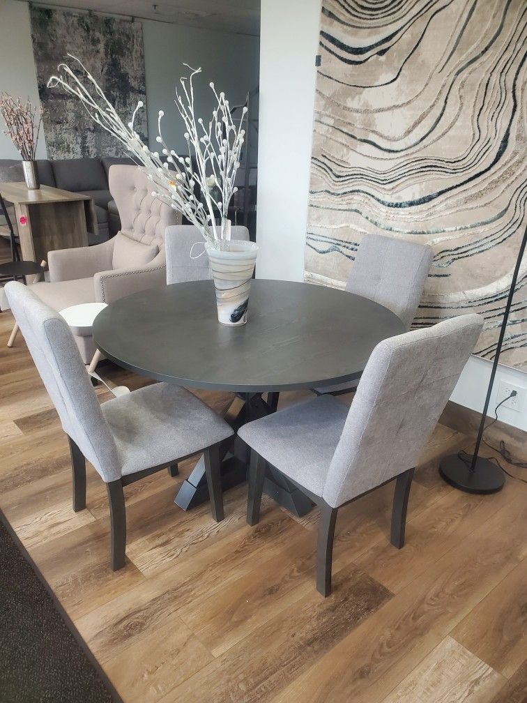 Modern 5-piece Round Dining Table Set with Cross-Buck Dining Table, Upholstered Chairs