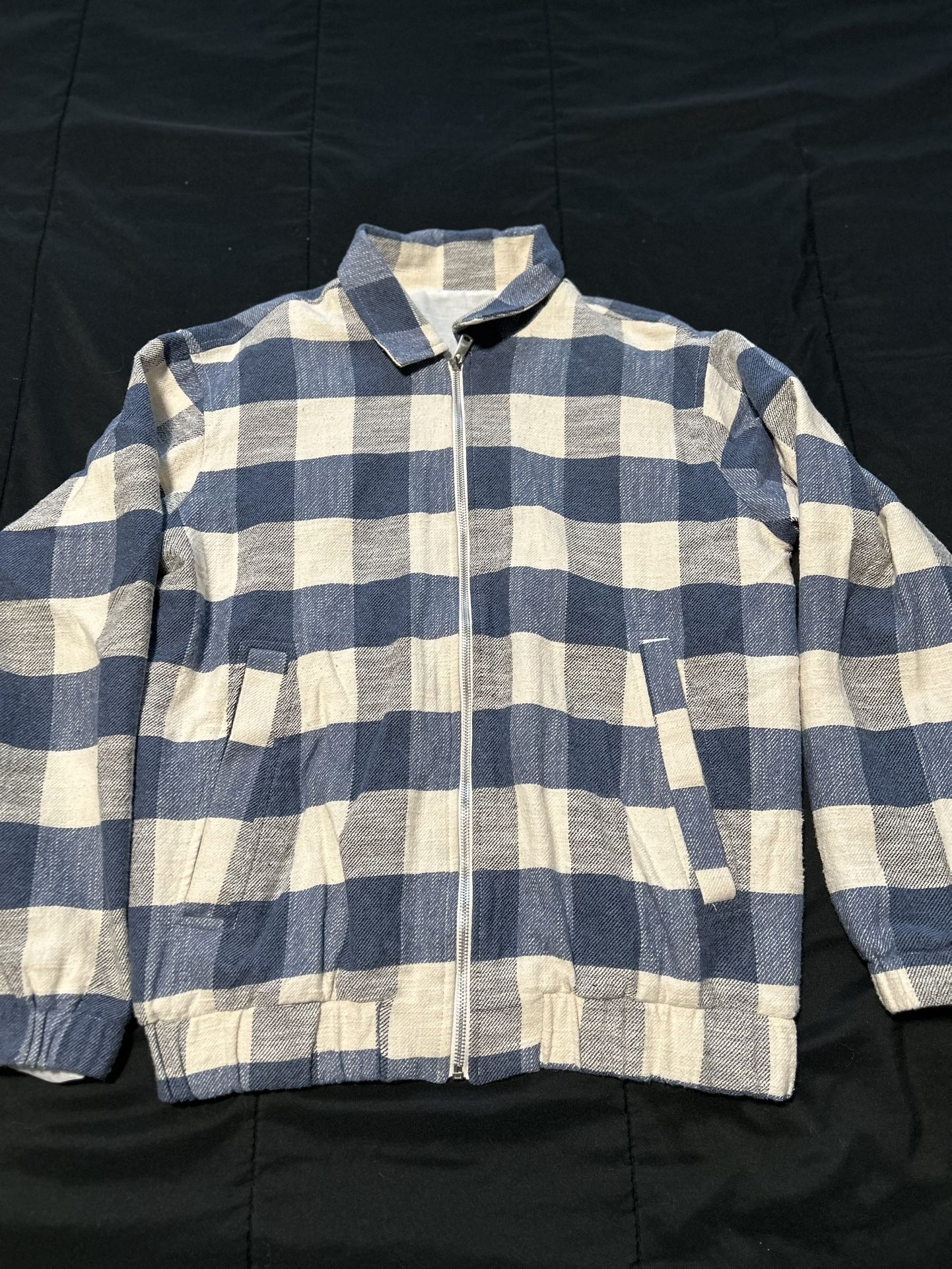 Plaid Zip-Up Jacket – Blue/Beige (Size XS) | Great Condition!