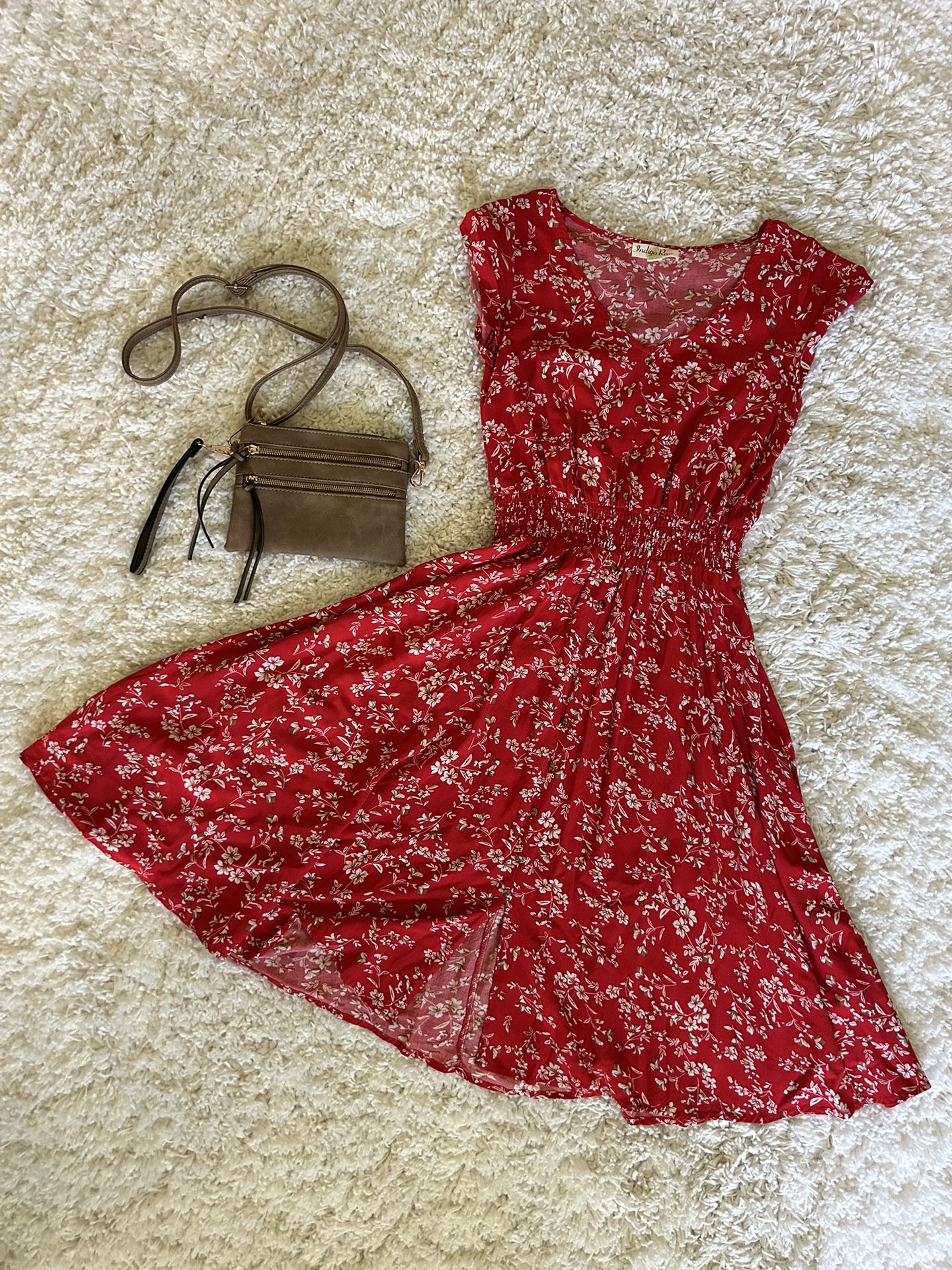 Small Red Flower Dress With Wallet Purse! White 