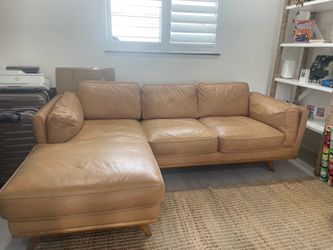 Crate and Barrel brown leather sofa and chair