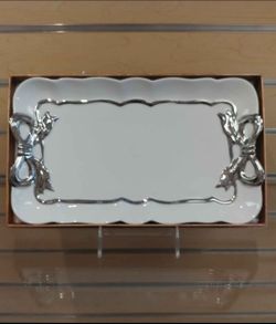Porcelain _ Dish / Plate / Platter / Decor / Tray  _ Ribbon ( NEW ) white & silver