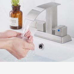 Brushed Nickel 3-Hole Bathroom Sink Faucet with Waterfall Design, Pop-up Drain, and Supply Lines F2 N $30