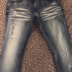 blue stacked jeans