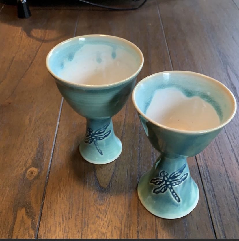 Hand crafted Pottery Dragonfly Goddess Goblets
