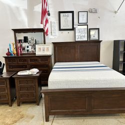 Dark Wood Bedroom Set - Bed Frame, Dresser, 2 Nightstands, NEW Serta Mattress