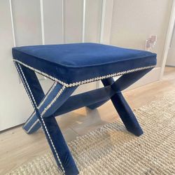 Royal blue Velvet upholstered entryway or shoe bench with metal nail detailing