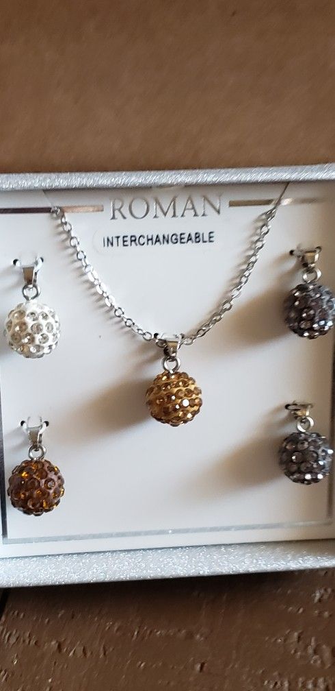Roman Interchangeable Beads Rhinestone Silvertone Necklace 