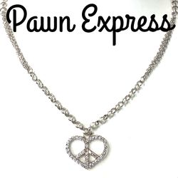 Sterling Silver Double Chain Heart Peace Clear CZ Necklace 