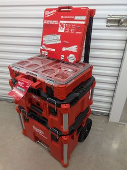 Milwaukee Packout 3-Piece Rolling Tool Box Stack & 56pc 3/8" Ratchet Set Combo