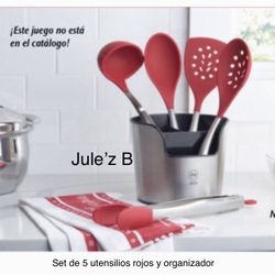 Princess House. Juego. De 5 Utensilios Rojos Y Organizador Nuevos En Sus Cajas 