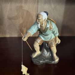 Vintage Large Shiwan Mudman Glazed Clay 7.75" Chinese Fisherman Figurine