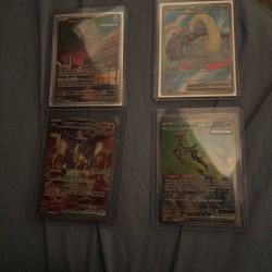 All 4 pokemon cards. Raging bolt SIR, Iron leaves SIR, a full art and a ir 