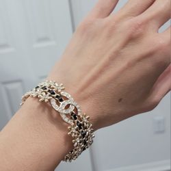 Gold Black Leather Cuff Wide Bracelet Band Gift