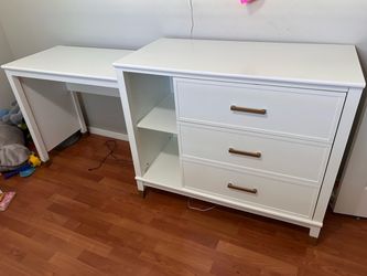 White Desk and Dresser Set with Gold Handles
