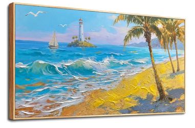 58x29 framless Coastal Beach Wall Art Canvas for Living Room, Blue Ocean Nautical Picture, Paintings Wall Decor Textured Artwork for Bathroom Bedroom