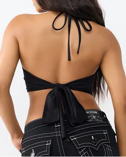 TRUE RELIGION: Buddha Sweetheart Tie Top Black