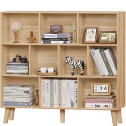 LEYAOYAO 10 Cube Bookshelf,3 Tier Modern Wide Bookcase with Legs,Mid-Century Wood Bookshelves Storage,Natural Large Book Case,Freestanding Organizer D