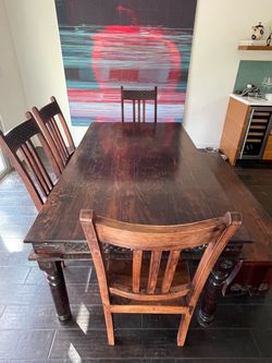 Hand-Carved Indonesian Solid Teak Dining Set — Table, 4 Chairs + Bench