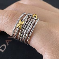 David Yurman Silver & 18k Gold Double X Cross Ring Size 8