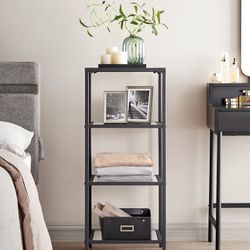 VASAGLE Bookcase, 4-Tier Bookshelf, Slim Shelving Unit for Bedroom, Bathroom, Home Office, Tempered Glass, Steel Frame, Ink Black  Brand new in box yo