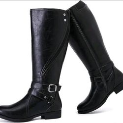 Black Knee High Boots, Round Toe Low Heel Riding Combat with Side Zipper, 8.5