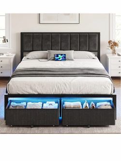 OLEVS Queen Bed Frame with 2 Storage Drawers, Charging Station & LED Lights