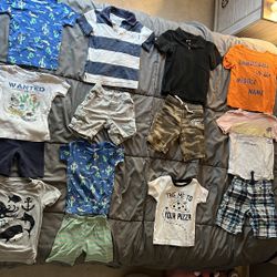 Carters boys 4T summer clothes. Striped shirt had tiny hole on back of neck. Some have small stains/piling. 2 pairs of shorts have fraying on back poc