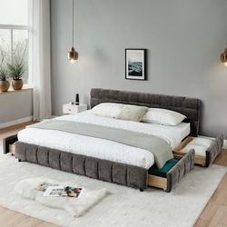 California King Size Upholstered Bed Comfortable Upholstered Bed Frame Chenille Fabric Headboard Drawer - Grey brand new in box $300  Warehouse Addres