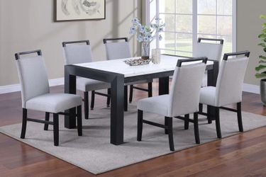 Brand New Black, White & Grey 7pc Dining Table Set w Marble Top