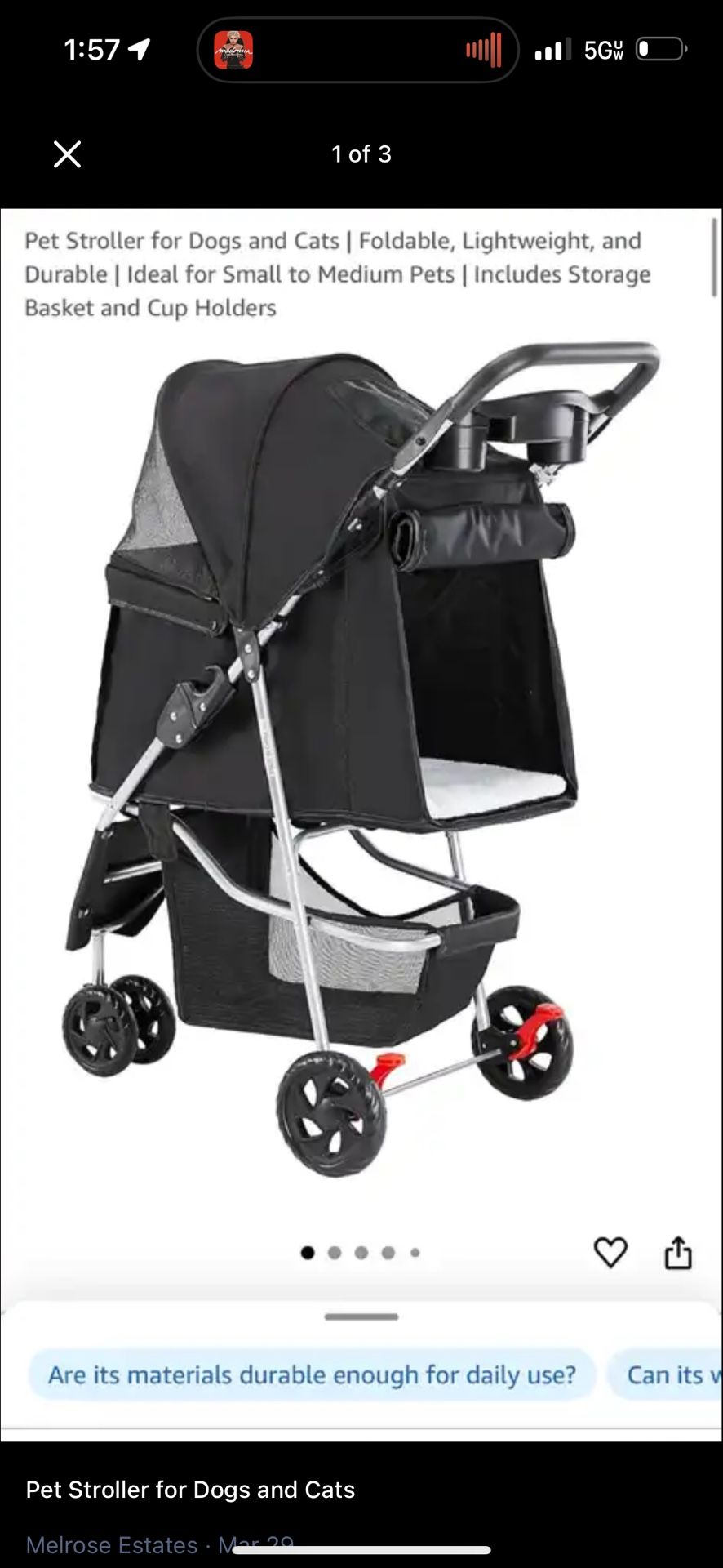 Pet Stroller for Dogs and Cats | Foldable, Lightweight, and Durable | Ideal for Small to Medium Pets | Includes Storage Basket and Cup Holders