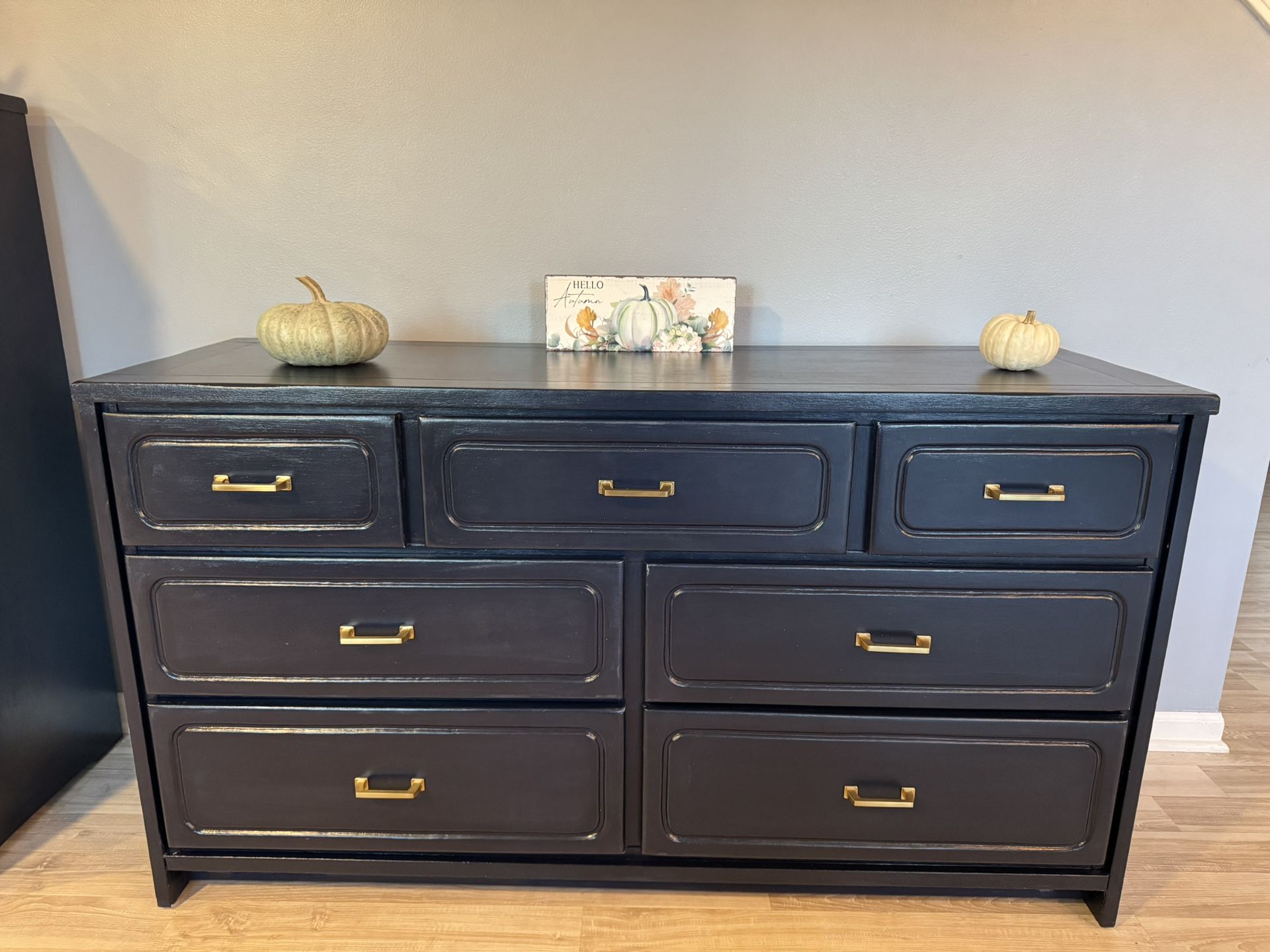 Modern Navy Blue Dresser – Solid Wood, Gold Handles