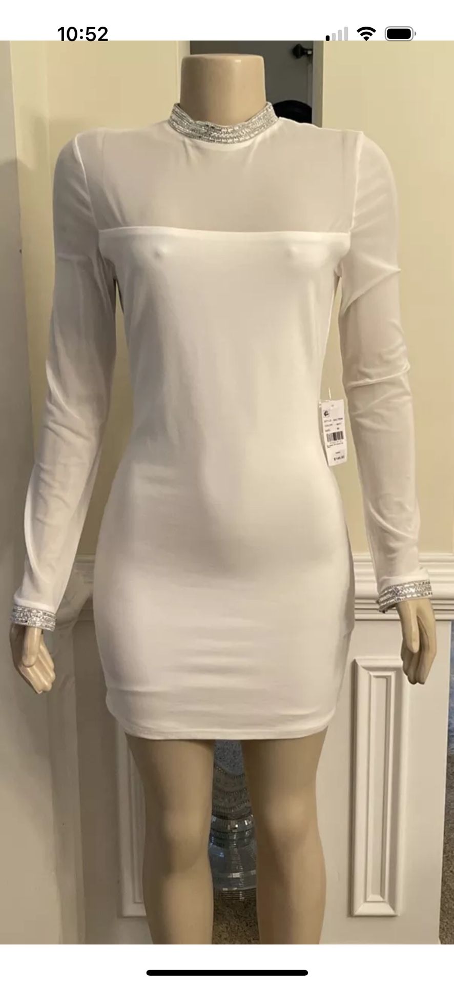 BEBE White Rhinestone Collar,long sleeve, Bodycon Midi Dress Women's Size M