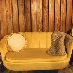 Armchair Velvet Yellow Two Seater Shell. Lounger Chair With Gold legs 