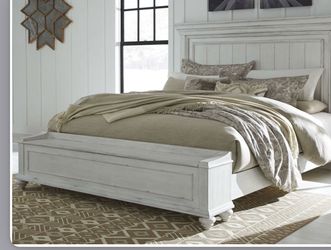 Ashley white bedroom set complete  with bed dresser mirror and Nightstand in stock $2295 queen 4 pc $10 takes it home bad credit ok