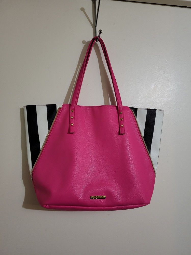 Juicy Couture Women's Large Hot Pink, Black And White Striped Purse/Tote Bag Size: 12in Tall