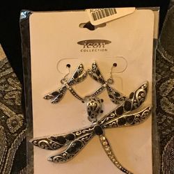 Dragonfly Silver with Onyx Stones Earrings and Necklace Charm 