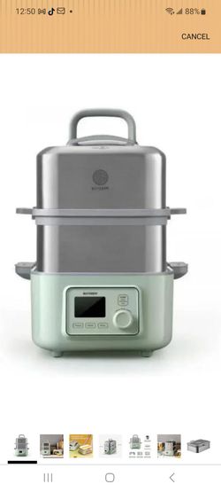 BUYDEEM G563-A501 Electric Food Steamer for Cooking, 2 Tire Stainless Steel Steamer with Slow Cook Mode, 1500W, 10-Quart, Green