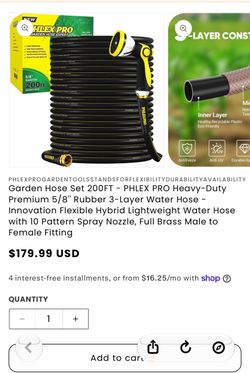 NEW PHLEX PRO 200FT Garden Hose 5/8” Heavy Duty + Nozzle (best offer )