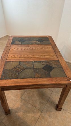 Oak Dining Table with Slate Tile Top & Leaf
