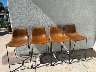 Set of 4 Leather Bar Stools with Metal Base