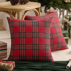 AQOTHES Pack of 2 Christmas Plaid Decorative Throw Pillow Covers Scottish Tartan Cushion Case for Farmhouse Home Holiday Decor Red and Green, 20 x 20 