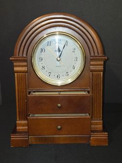 Bulova Quartz Analog Wood Desk Clock w/ 2 Drawers, Brown Rectangle WORKING.