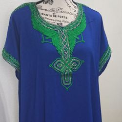 Boho Dress Blue With Green Embroidery