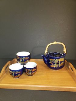 6pc Asian Tea Set w/Teakwood Tray