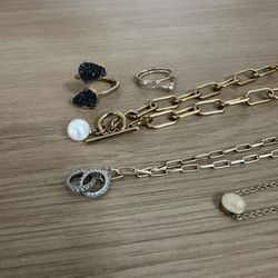 All Gold plated. Some parts faded but all gold plated originally. Real druzy stone and moonstone rings by Gorjana. Real silver pendant. 
