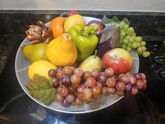 Home Decor - Fake Fruit In Silver Basket
