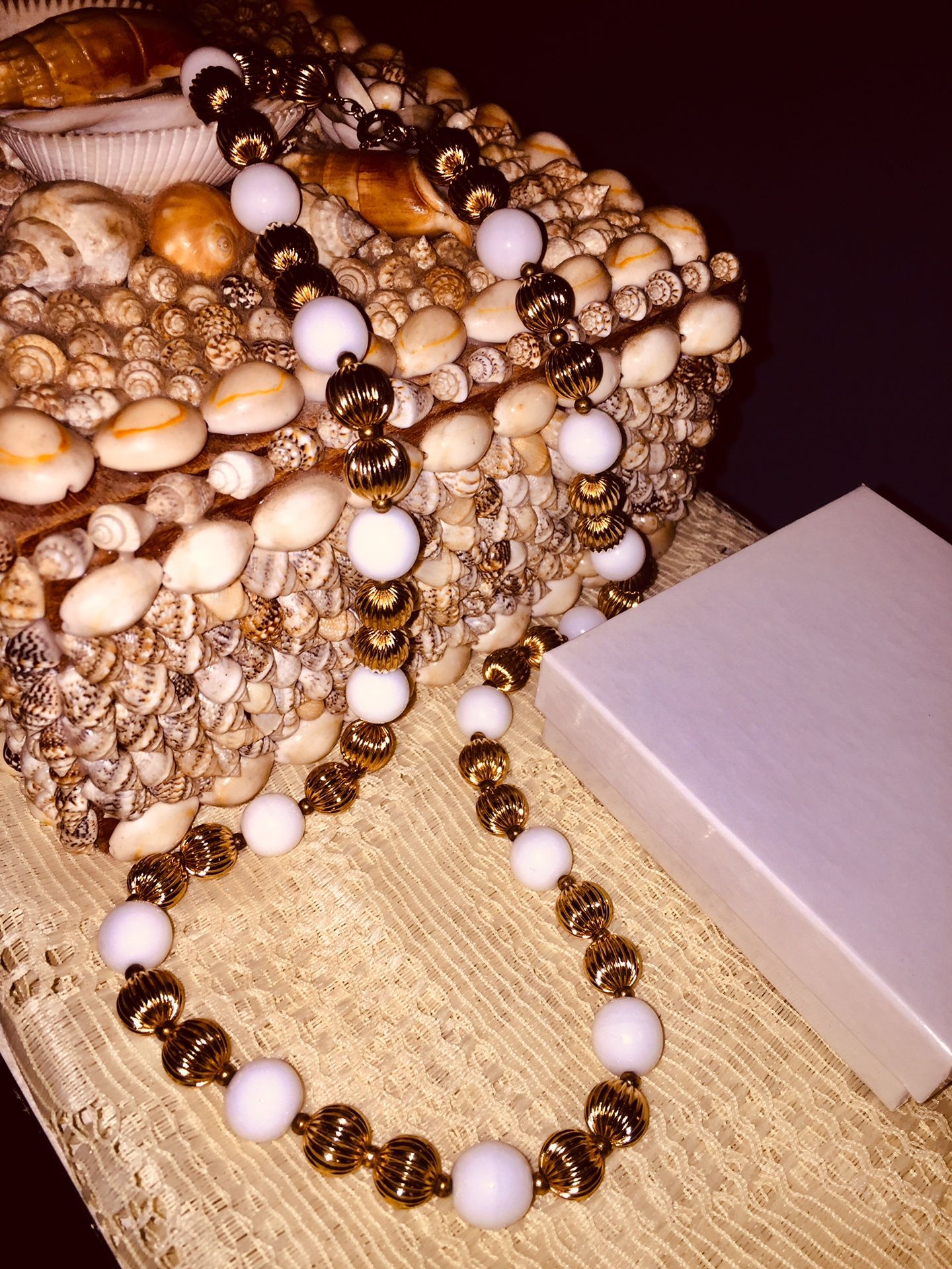 GOLD FLUTED & WHITE GLASS BEADED LADIES NECKLACE 24 inches with gold clasp w/ Original Box