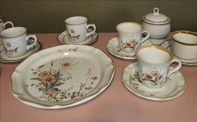 Eclectic Rustic Floral Set, Six Cups And Saucers, Plate, Sugar Bowl And Creamer