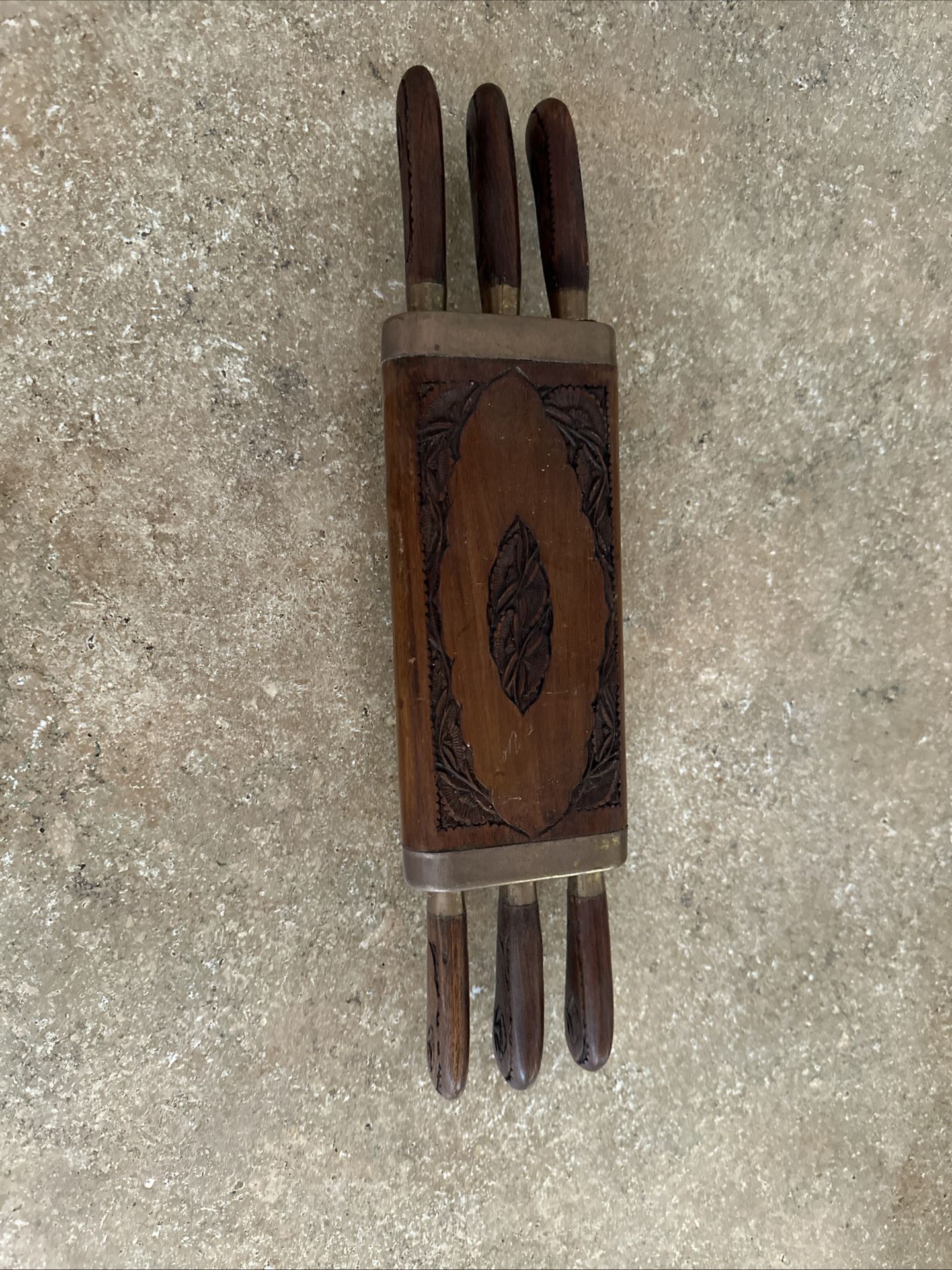 Antique Vintage Hand Carved 6 Steak Knife Set Wood and Brass