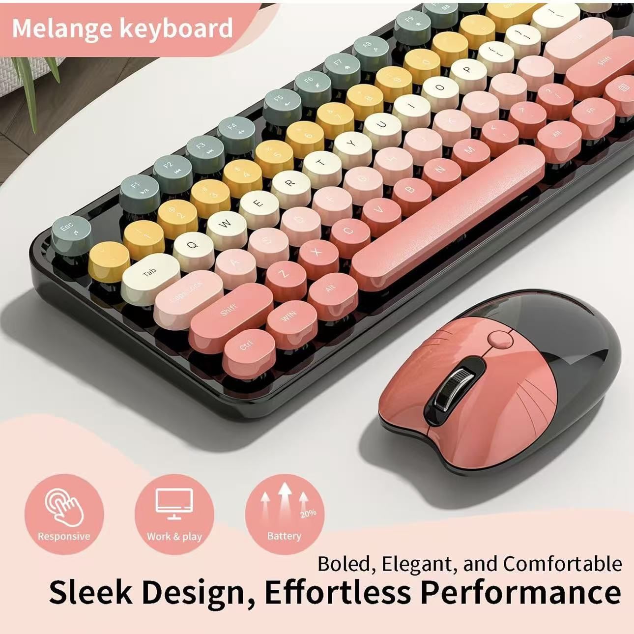 Wireless Keyboard and Mouse, MOFII 104 Round Keycaps Retro Typewriter with OTG & Brush, Full-Size Ergonomic, Ideal for Windows PC, Home, Office and Co